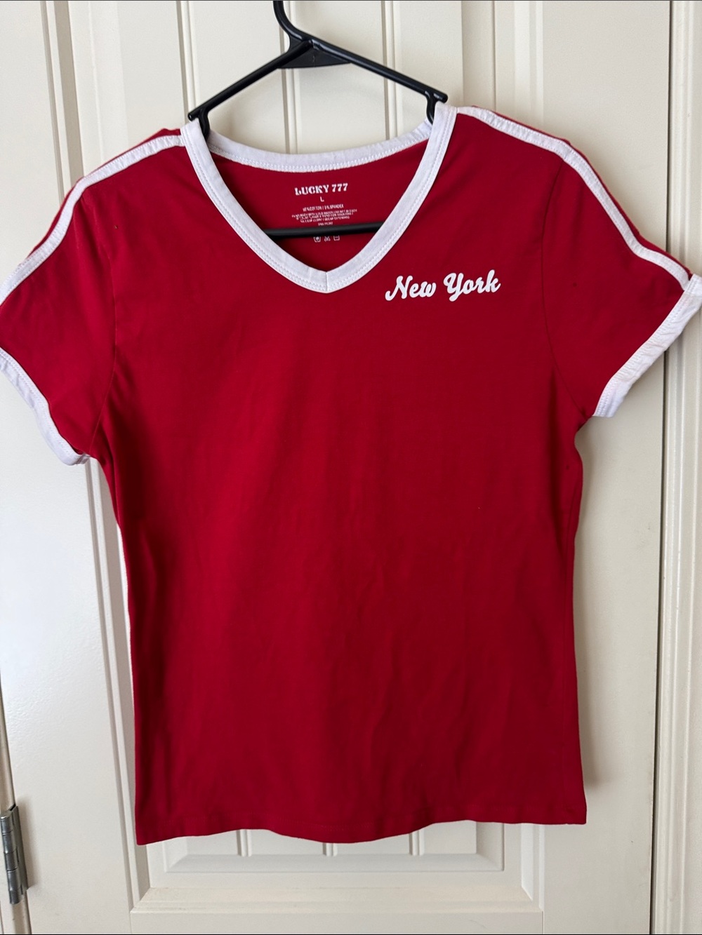 Lucky Brand Red V-Neck Tee with White Trim and 'New York' Script
